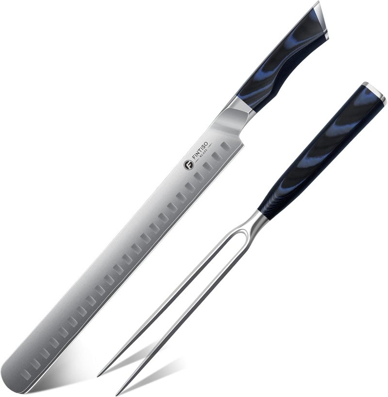 FINTISO BBQ Carving Knife Set, Brisket Slicing Knife and Fork Set, Japanese High Carbon Steel Slicing Knives with G10 Handle, Full Tang Ultra Sharp Meat Cleaver - Image 1